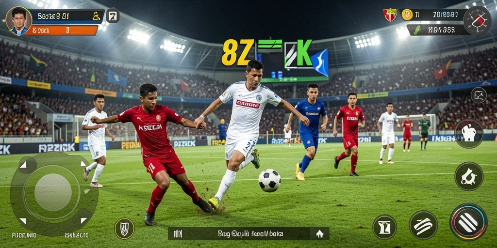 Tangkapan layar gameplay 8ZK menampilkan aksi seru dalam pertandingan sepak bola.