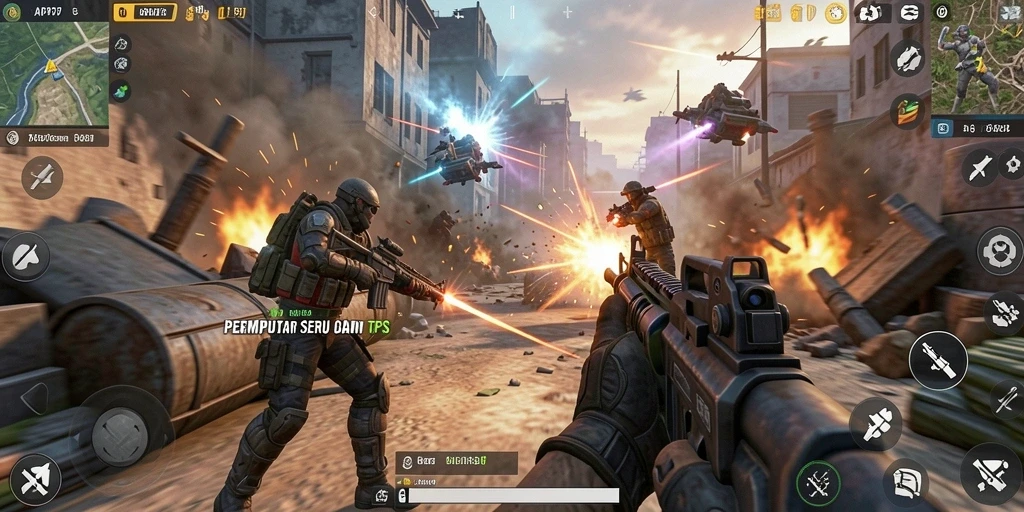 Tampilan gameplay seru dalam pertarungan TPS API77.
