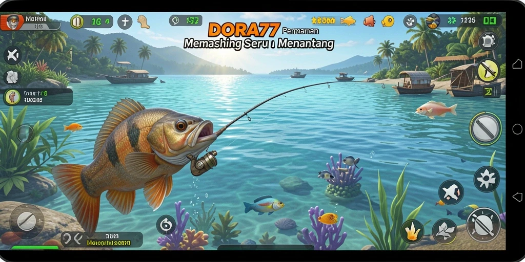 Tampilan gameplay DORA77 yang menampilkan aktivitas memancing yang seru.