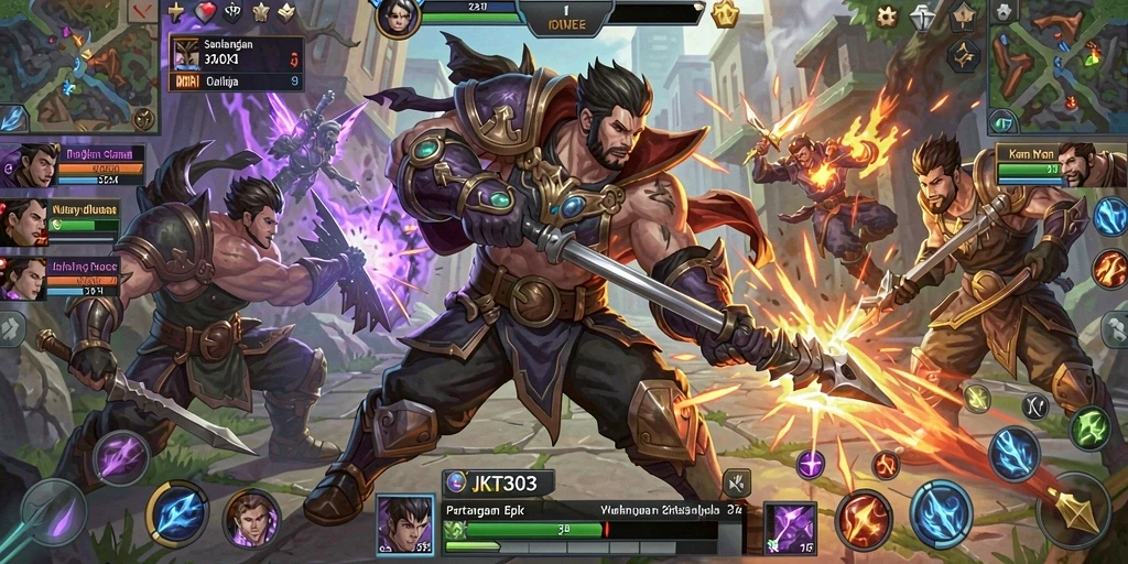 Screenshot utama JKT303 menampilkan aksi seru dalam pertempuran MOBA.